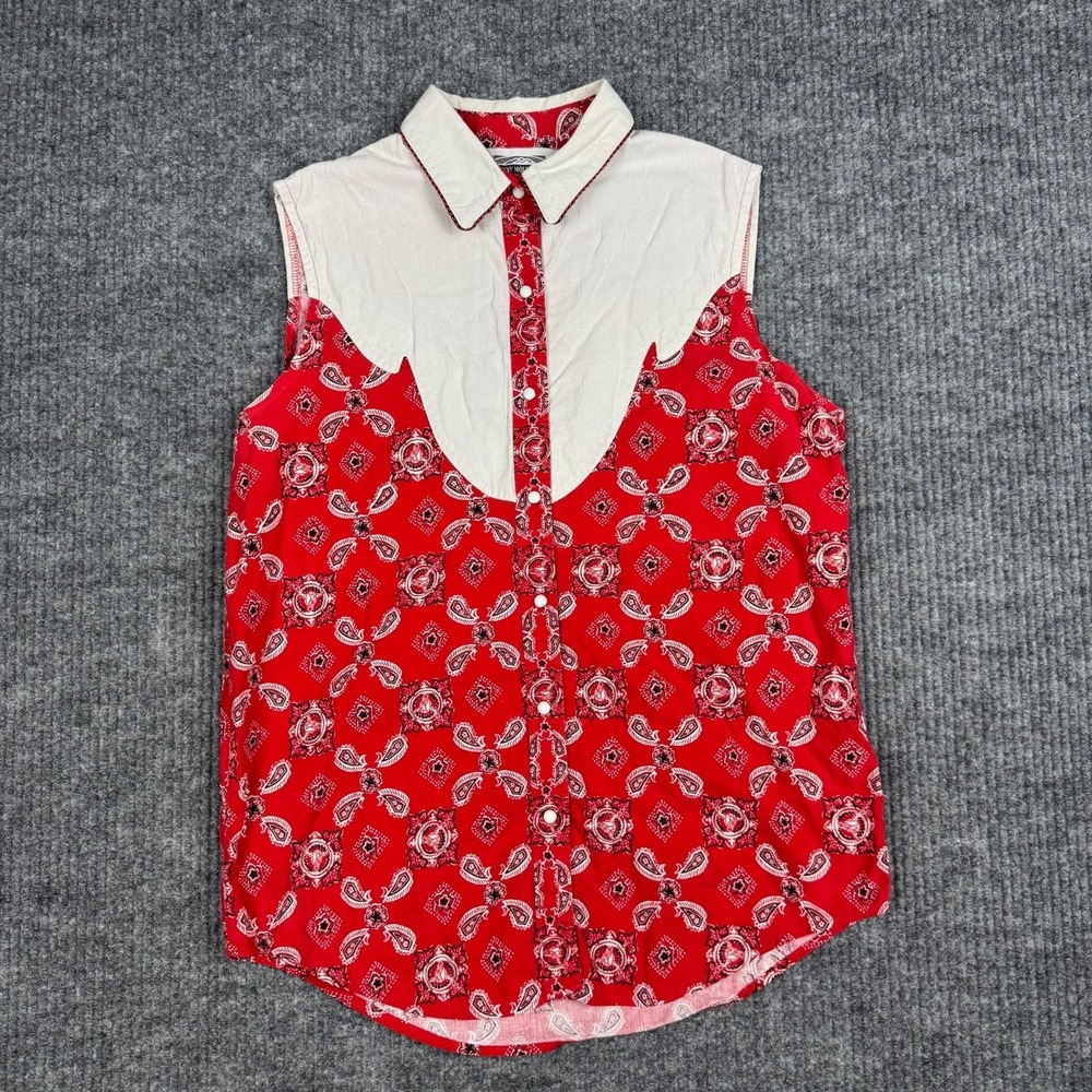 Vtg Rocky Mountain Western Pearl Snap Shirt Womens M Sleeveless Red Bandana